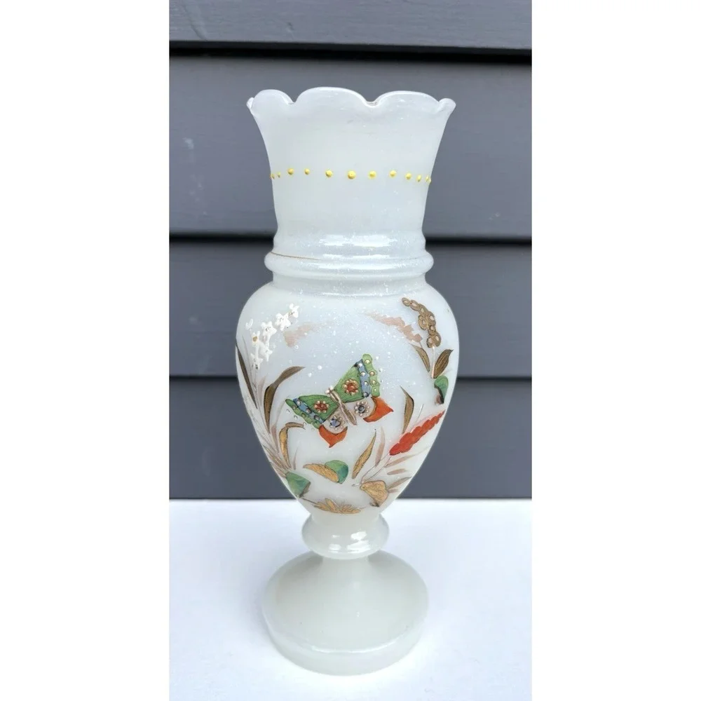 Antique Bristol opaline blown glass matched vases hand painted butterflies EVC
